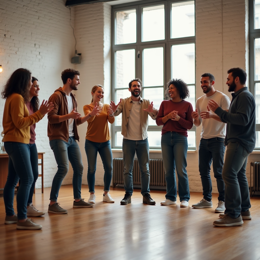 Grup de adulți participând la exerciții de improvizație teatrală