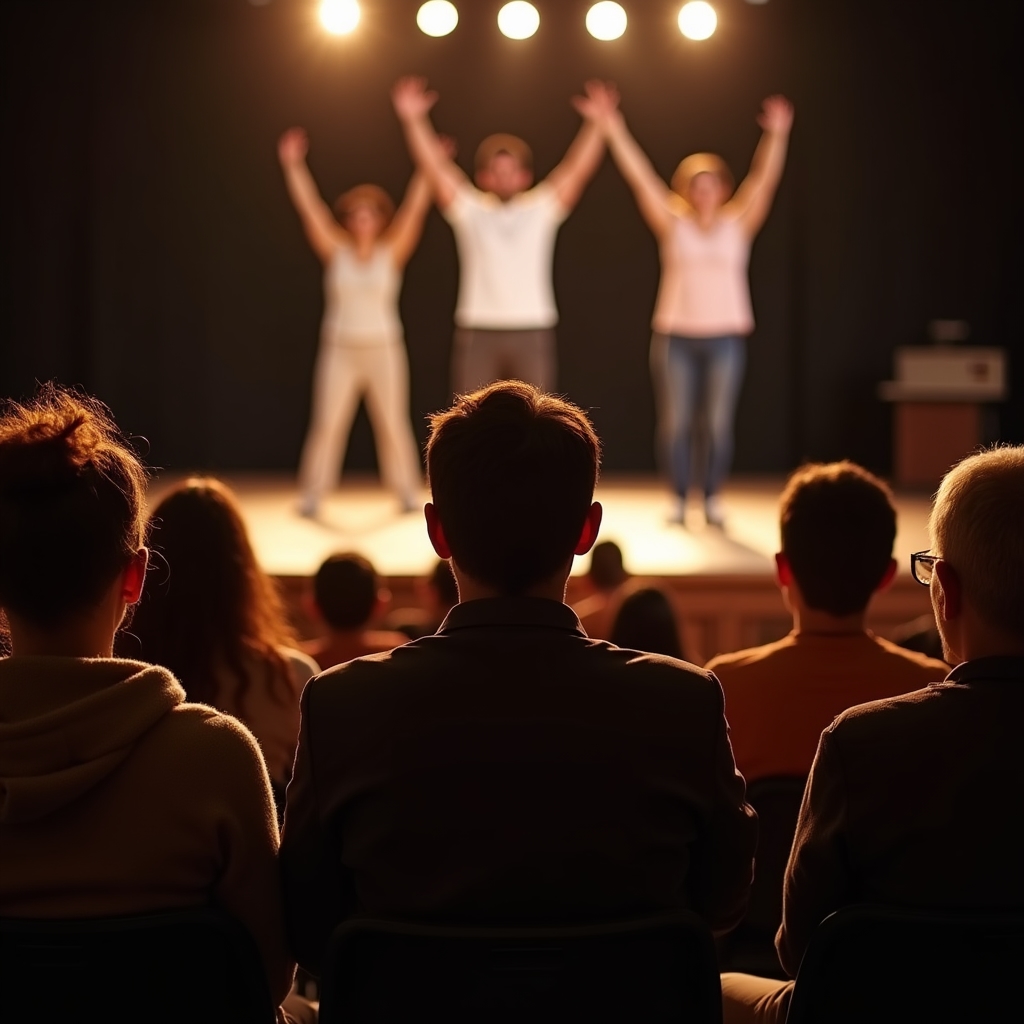 Grup de adulți urmărind o scenă de improvizație ca public